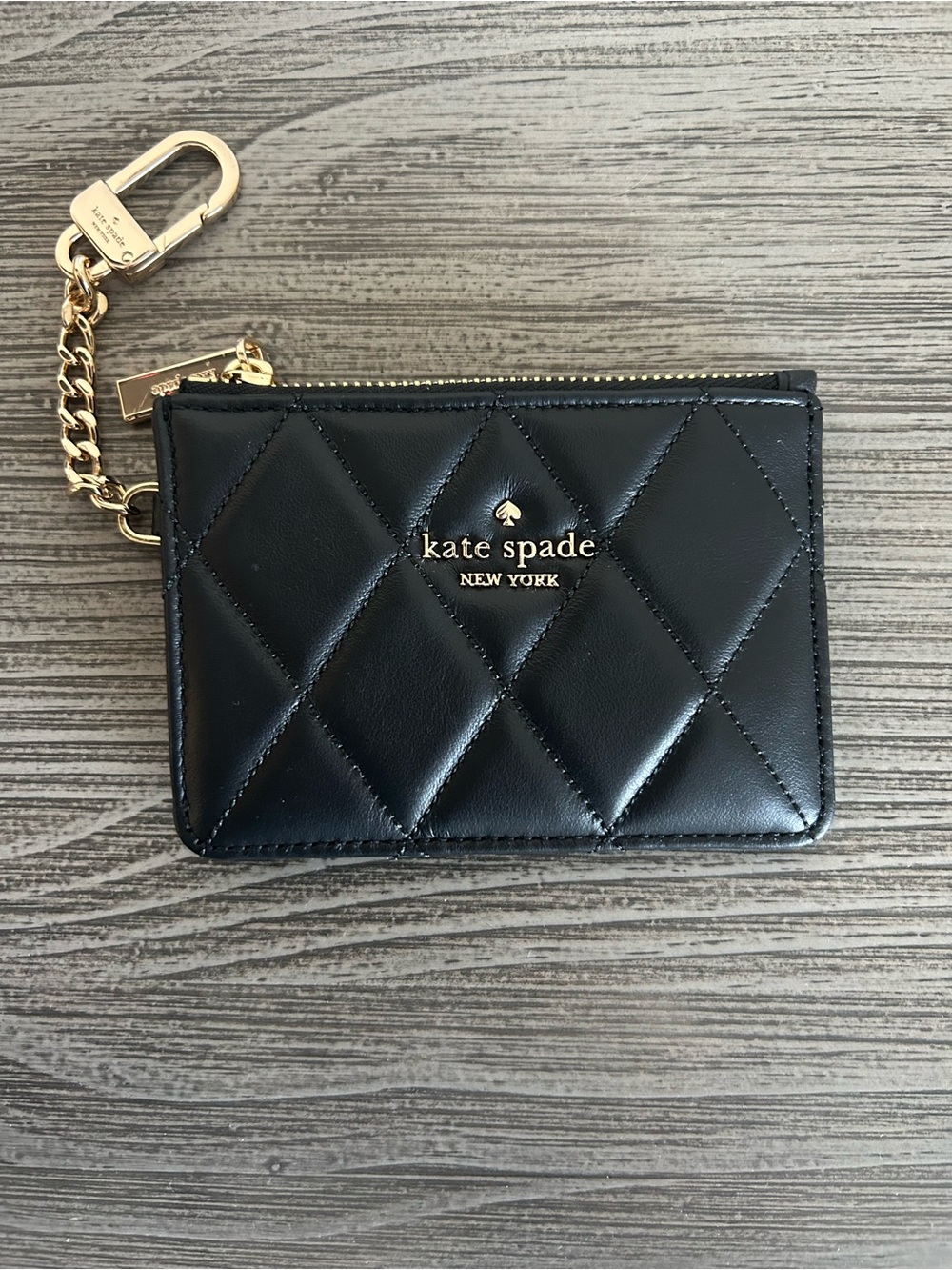 kate spade Black Quilted Leather Card Wallet with Gold Chain
